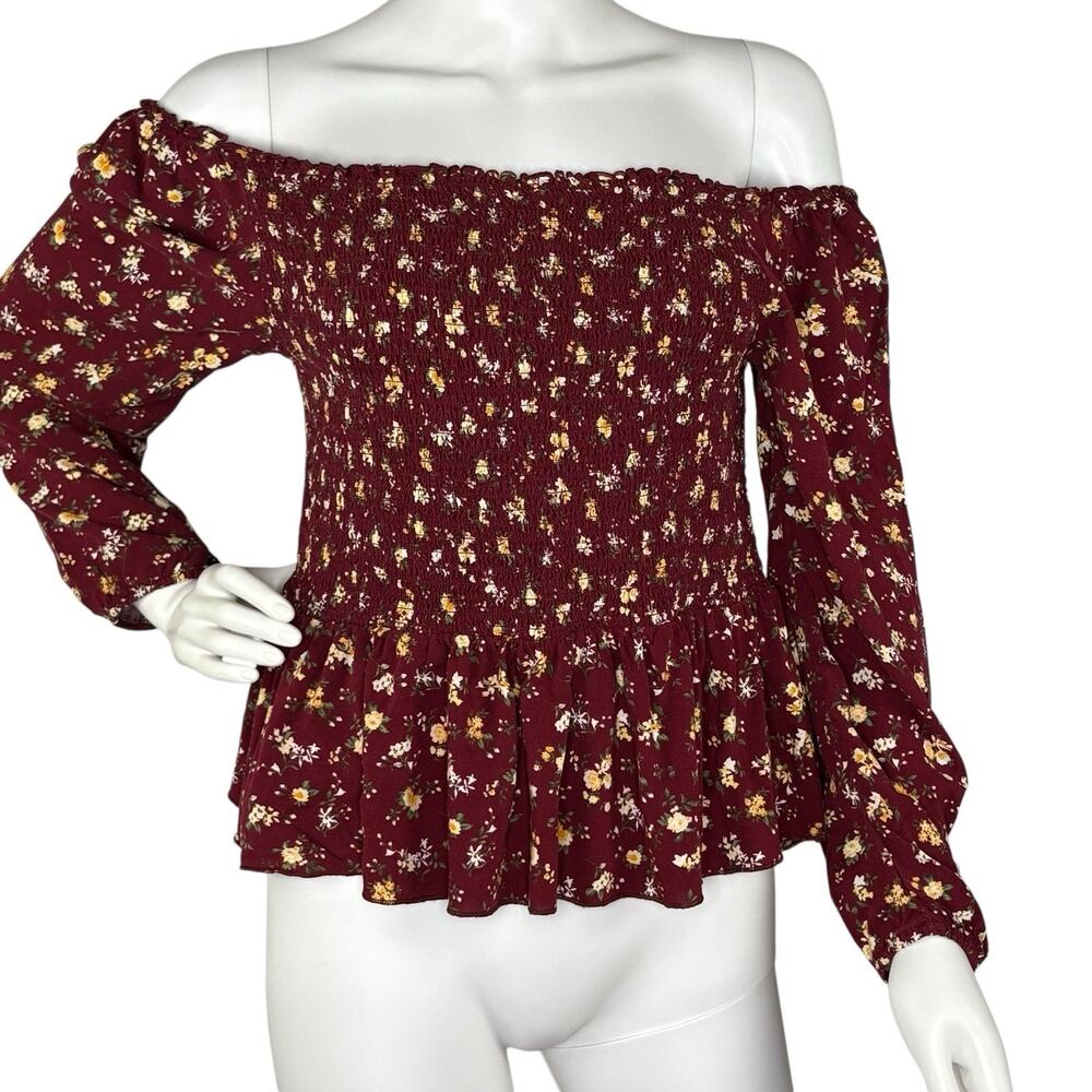 Womens Nap Top Peplum Smocked Floral Bishop Sleeve Dark Romantic Burgundy Sz 1X